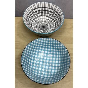 Dover & York Turquoise Lot of 2 Black Blue White Soup Cereal Bowl 6” Boho